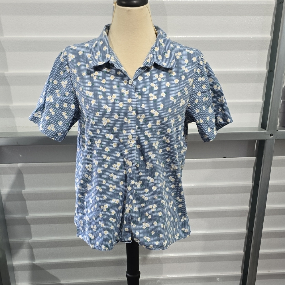 Denim&Co Blue and‎ White Casual Button Down Shirt